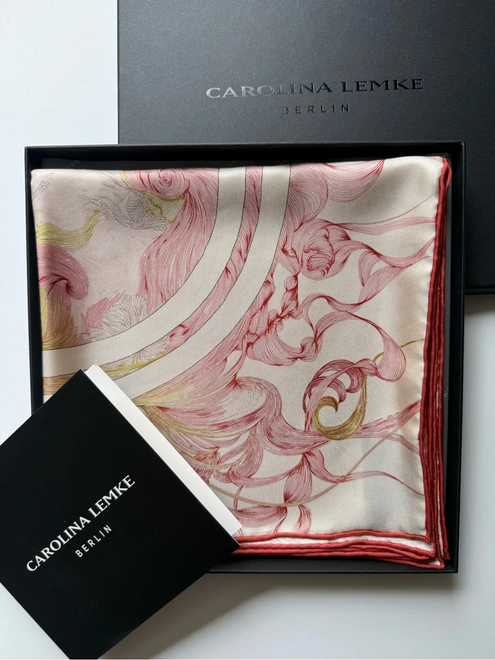 NEW Carolina Lemke Silk Pink &Cream Equestrian Celestial Rose Floral Swirl Scarf